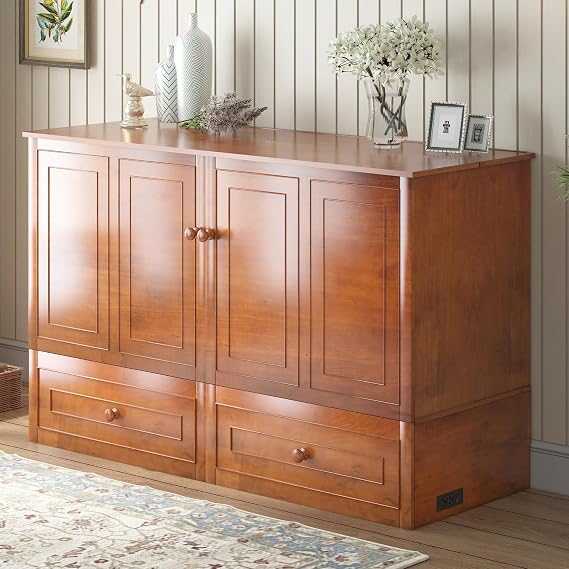 BALUS Queen Murphy Bed Cabinet, Cabinet Beds with Tri-Fold Mattress & Storage Drawer, Murphy Chest Bed with USB Charging Station, Horizontal Cube Wallbed for Office, Bedroom, Guest Room, Cherry