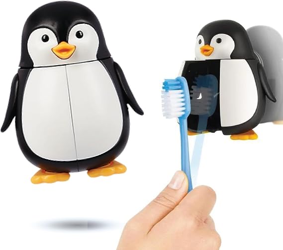 Flipper Fun Animal Penguin Toothbrush Cover Kids Toothbrush Holder with Cover Toothbrush Holders for Bathrooms - Suction Cup Toothbrush Holder