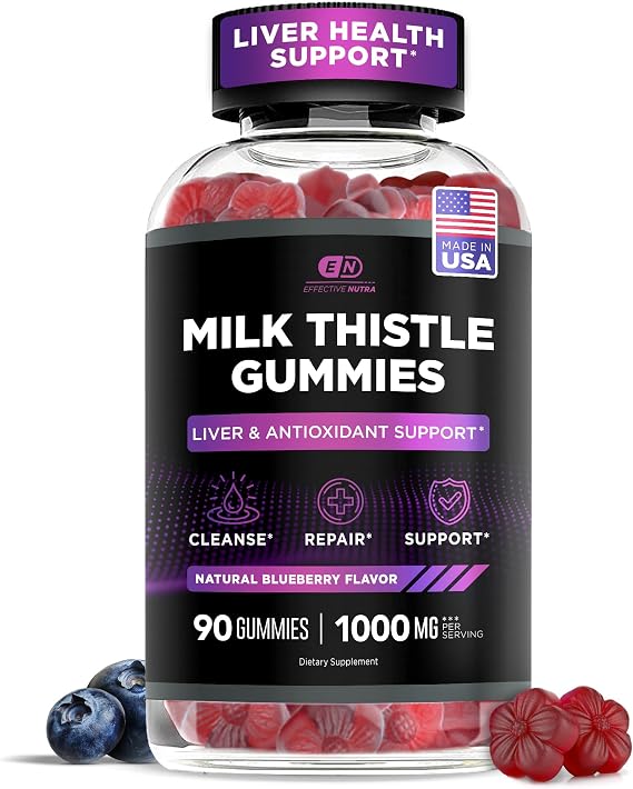 Effective Nutra Milk Thistle Gummies | Sugar-Free Milk Thistle Extract 1000mg for Liver Detox & Antioxidant Support | Vegan, Gluten-Free| 45-Day Supply, Natural Berry Flavor, Made in USA (90 Count)