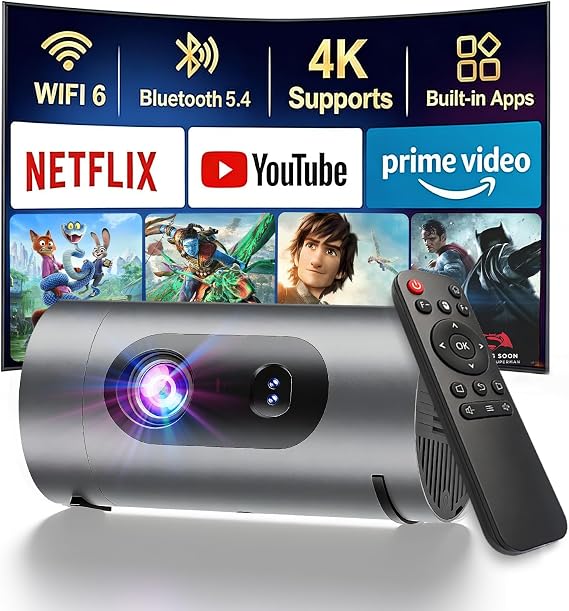 Smart Projector with WiFi and Bluetooth,Mini Projector Supports 4K 1080P,Portable Movie Projectors Built-in Apps, Compatible with HDMI/USB/Smartphone/TV Box/Laptop (2026)