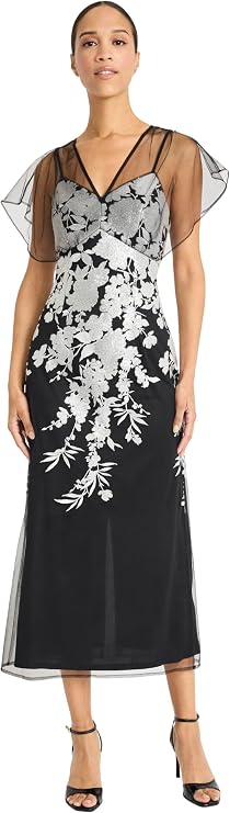 Maggy London Women's Floral Embroidered Sweetheart Neckline Mesh Overlay Empire Waist Flutter Sleeve Formal Midi Dress