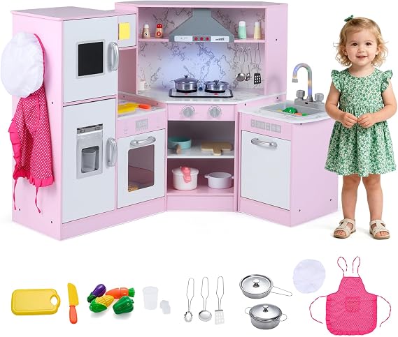 HOMASIS Corner Children's Wooden Play Kitchen with Light Sound & Steam Includes 16 Accessories Toy Kitchen with Sink Stove Oven Microwave Ice Maker Fridge Board Kitchen Play Set for Ages 3 and Up (Pink)
