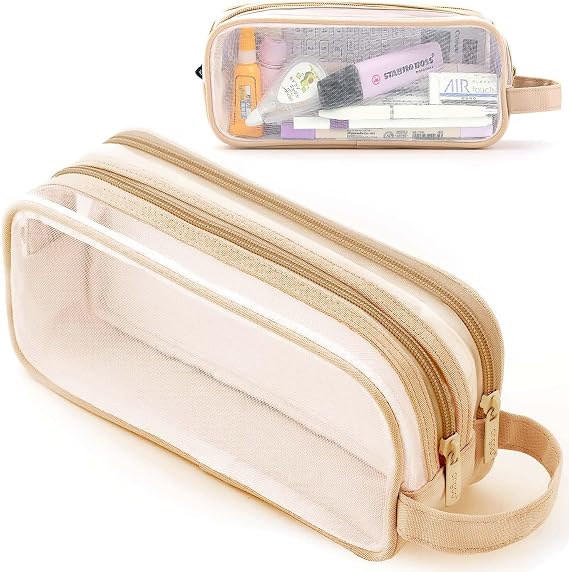Large Grid Mesh Pencil Case 2 Compartments, Clear Pen Pencil Pouch with Zipper, Multifunction Transparent Stationery Bag for Student College Office Teen Boys Girls Makeup Bag for Adults (Light Coffee)