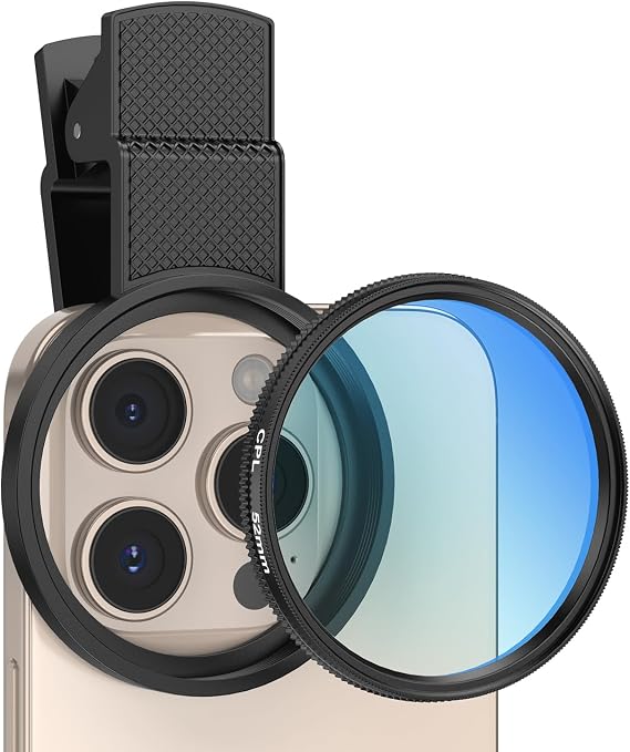 AMIR 52MM Clip-on CPL Phone Camera Lens Filter, Circular Polarizer Filter, Phone Lens Filter Kit Compatible with iPhone 17 16 15 14 13 12, Google Pixel and Other Android Smart Phones