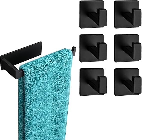 Hand Towel Holder+6 Pack Bath Towel Hook,Strong Self Adhesive Hand Towel Ring Square Coat Hooks, Heavy Duty Clothes Hanger Modern Hand Towel Hanger.