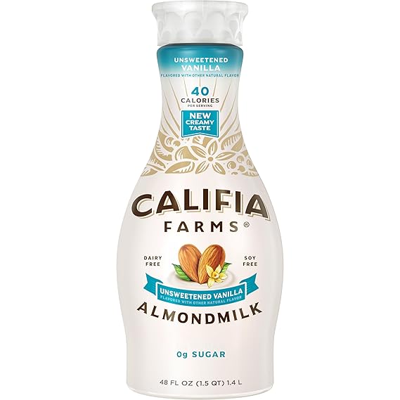 Califia Farms - Unsweetened Vanilla Almond Milk, 48 Oz, Dairy Free, Vegan, Plant Based, Keto, Gluten Free, Non GMO, Sugar Free, High Calcium, Smoothie