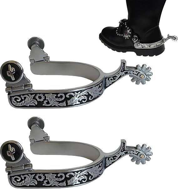 Western Cowboy Spurs,Stainless Steel Western Horse Spurs with Rotatable Gear, Antique Hand Carved Decorative Fine Workmanship Men Women Horse Boot Spur for Cowboy Boots Equestrian Training