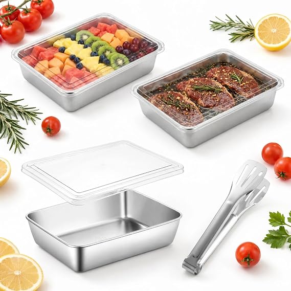 3 Pcs Stainless Steel Baking Trays Set, 25x20x5cm Deep Baking Sheet Pan, Rectangle Cake Tin Cooking Tray, Roasting & Food Storage, with Lids & 7" Food Tongs, for Fried Foods, Vegetables, Fruit, Bread