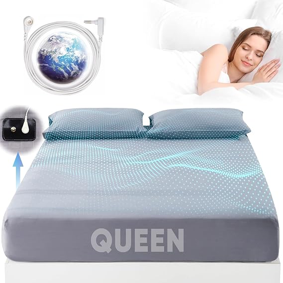 Grounding Sheets Queen Size, 95% Organic Cotton + 5% Pure Silver Fiber, Grounding Sheet Earth Connected Bedding (Queen - 60"x 80"x 13" Gray) Fitted Earth Sheets with Grounding Cord