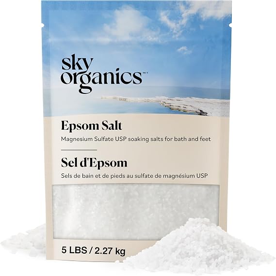 Sky Organics Epsom Salt Bath Soak 5 lbs, Magnesium Sulfate USP, Unscented | 100% Pure Medium Grain, Resealable Bag. Natural, Vegan & Cruelty Free Bath Salts. For Recovery Bath & Foot Soaks. Self Care.