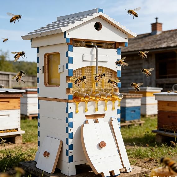 Complete Beehive Starter Kit, 2-in-1 Flow Bee Hive with Brood Box, Super Box & Queen Excluder, Large Observation Window & Wax Coating for Backyard Beekeeping 7frame