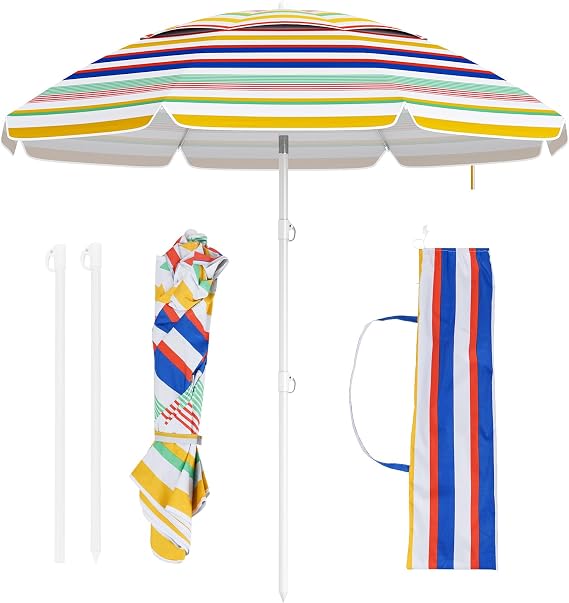 6.5 FT Beach Umbrella, Outdoor Umbrella Sun Shelter with 30 Adjustable Tilt, UPF 50+ Sun Protection, Carrying Bag, Vented Top & Sharp Anchor, Stripe Sunshade Parasol for Garden, Pool, Yard, Beach