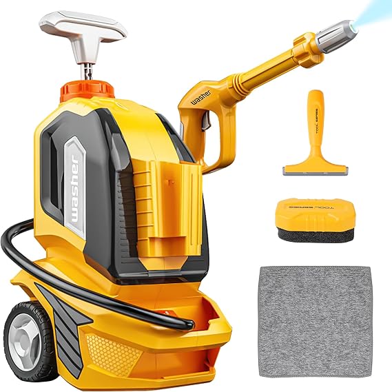 deAO Kids Clean Car Wash Toy,Car Washer with Scraper Sponge Towel,Rag,Toddler Pretend Play Tools Role Playing Toy Cleaning Toys Gift for Boys Girls | Manual Spray Playset with Scraper, Sponge & Towel,1700cc Tank,Wheeled Cart,Role Play Gift for Toddlers
