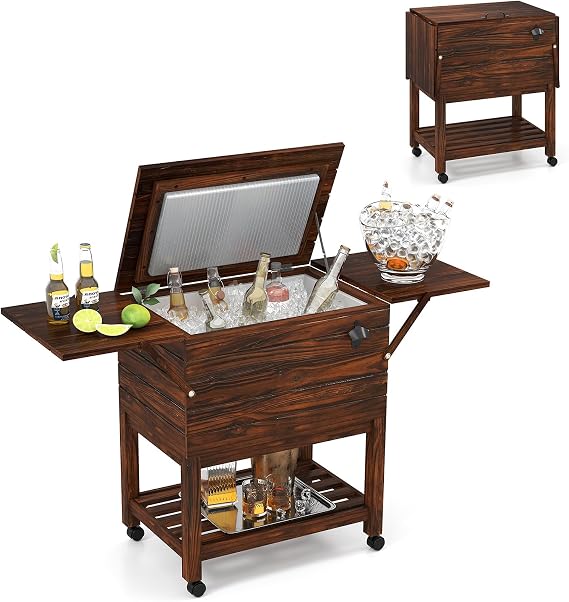 54-Quart Patio Cooler on Wheels, Rolling Ice Chest Cooler Cart with Bottle Opener, Lockable Wheels, 2 Drop Leaf Tables & Bottom Shelf, Outdoor Cooler Cart for Party, BBQ, Poolside, Backyard