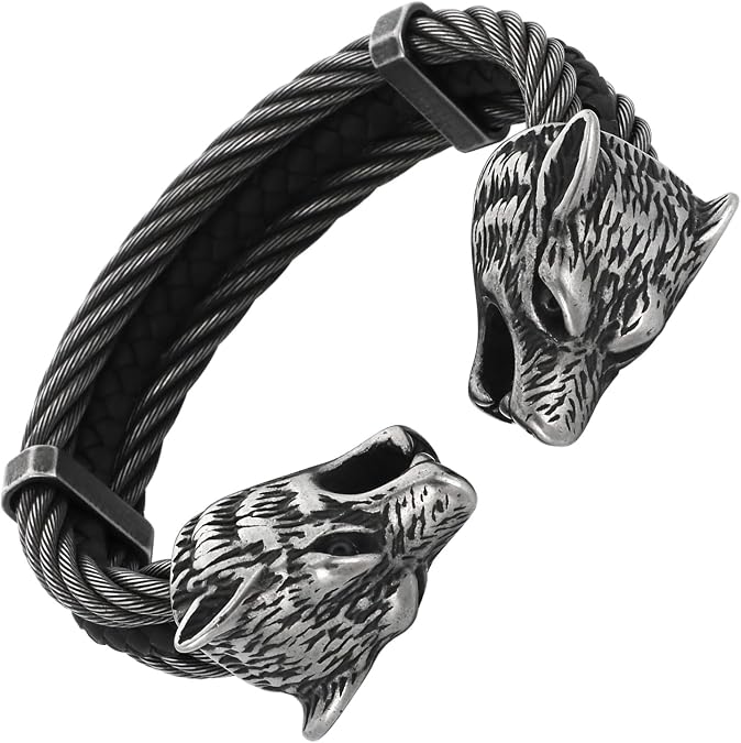 Men's Viking Wolf Head Bracelet 316 Stainless Steel Leather Open Cuff Tribal Retro Wolf Twisted Cable Cuff Bangle Vintage Gothic