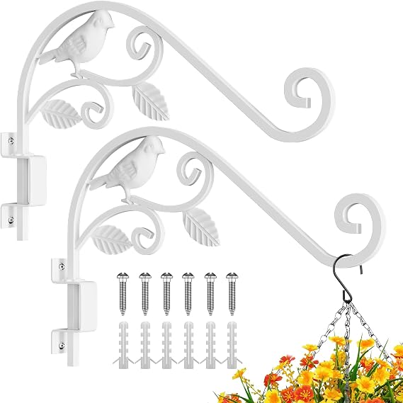Plant Hangers Outdoor 15.15 inch Swivel Plant Wall Hanger Sturdy Wrought Iron Plant Hangers Indoor Wall Mount, Hanging Plant Bracket for Bird Feeders, Planters, Lanterns, Wind Chime 2 Pack White