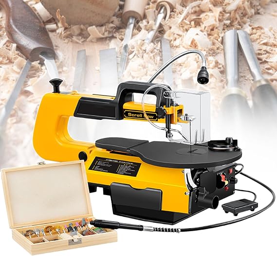 Electric Scroll Saw 180W - 16 Inch Throat Width, 550-1650 Rpm, Heavy-Duty Scroll Saw, 50 mm Cutting Thickness - Perfect for Wood DIY Projects, with Flexi Shaft + Foot Pedal