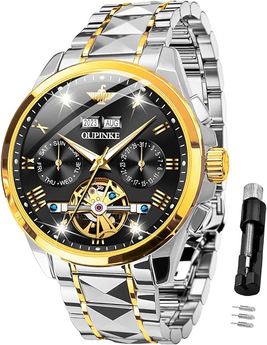 OUPINKE Automatic Watches for Men Skeleton Mechanical Self Winding Luxury Business Dress Wrist Watch Diamond Tungsten Steel Sapphire Crystal Calendar Waterproof Luminous