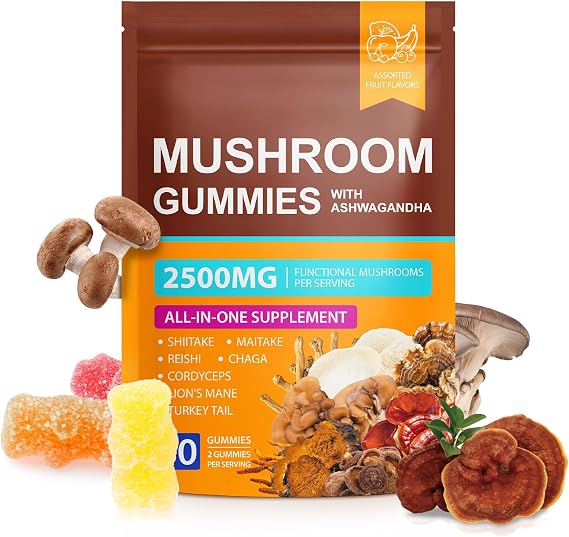 Super Mushroom Gummies with Ashwagandha, Lion's Mane, Reishi, Cordyceps & Chaga - All in One 2500mg Functional Mushrooms Enhance Immunity & Energy, Boost Vitality Overall Health 80 Gummies