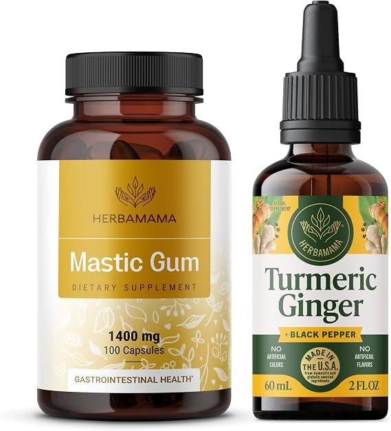 HERBAMAMA Mastic Gum and Turmeric Kit - Bundle of 1400 mg Mastic Gum Capsules & Turmeric Curcumin Tincture 4 fl oz - Vegan, Non-GMO, Sugar & Alcohol-Free - 2 Pack