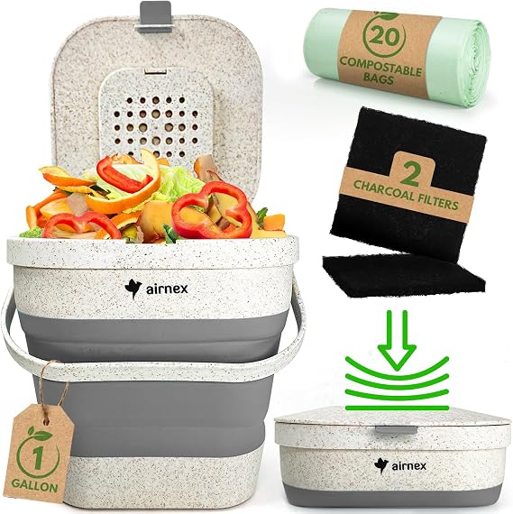 AIRNEX Collapsible Compost Bin Kitchen Counter Caddy - 1 Gallon Countertop Compost Bin with Lid Made of Wheat Straw - Odorless Kitchen Compost Bin Countertop with 20 Compost Bags and 2 Carbon Filters