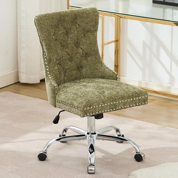 Chenille Velvet Vanity Chair with Back & Silver Base, Green Office Chair with Wheels & Soft Cushion, 360 Swivel Chairs for Bedroom, Vintage, Upholstered, Tufted Button, Nailhead, 250LBS (Green)