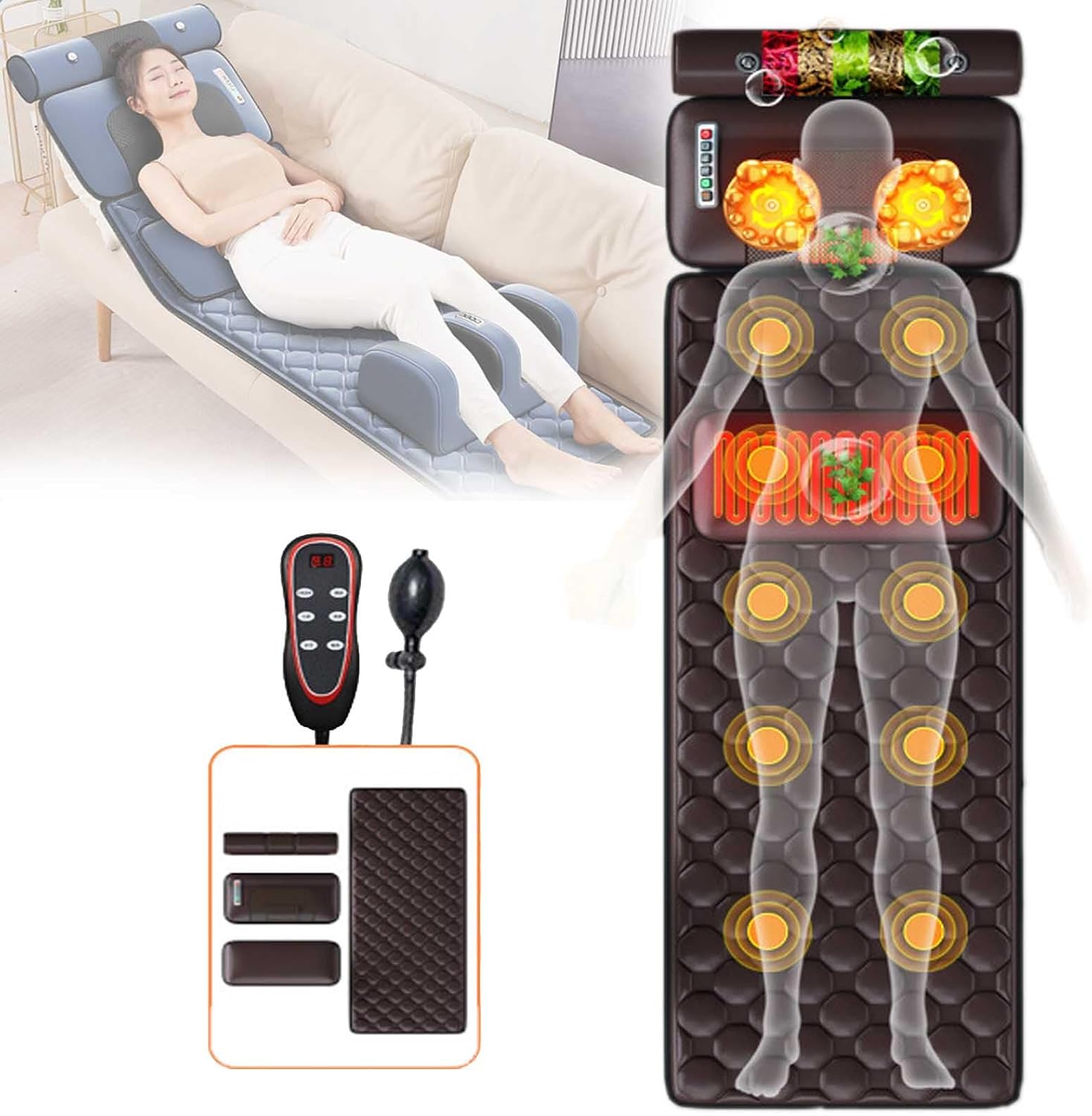Memory Foam Massage Mattress Pad - Full Body Massager for Back and Muscle Relaxation, Heating Function, 10 Vibrating Nodes for Ultimate Comfort