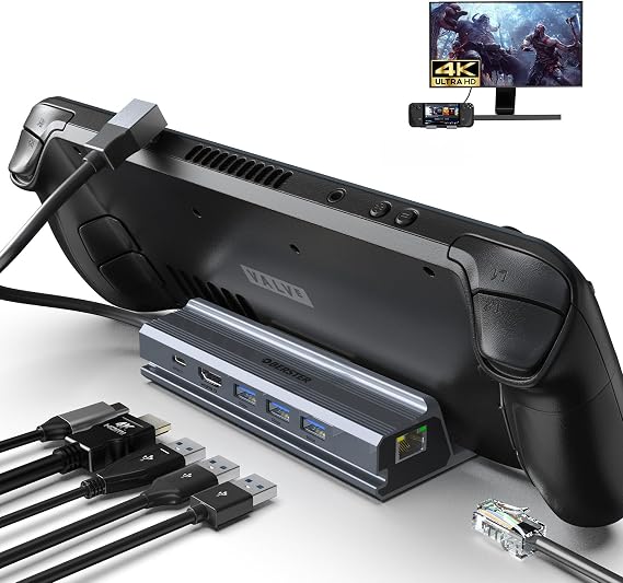 6'sı 1 arada Buhar Güverte Bağlantı İstasyonu, HDMI 2.0, 4K@60Hz, Gigabit Ethernet, 3 USB A 3.0 ve USB C Şarj Bağlantı Noktası, Valve Steam Deck, TV, Switch, Tablet ile Uyumlu