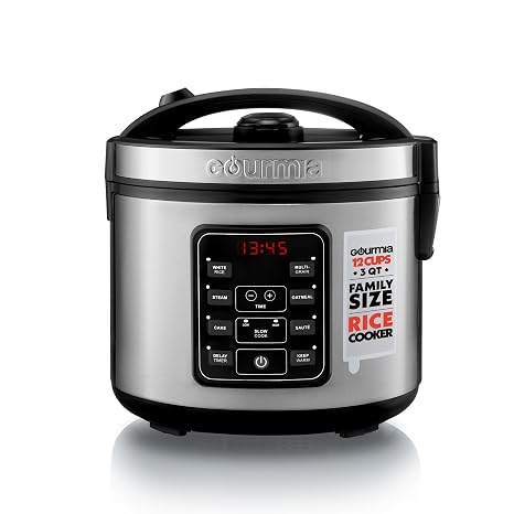 Gourmia Rice Cooker 3 Qt Capacity, 12 Cup Cooked, 6 Cup Uncooked, Digital Controls, Grain Cooker & Steamer, Built-In Steamer Basket, Nonstick Ceramic Pot, Delay Timer, Keep Warm, Stainless Steel