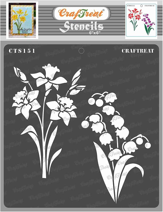 CrafTreat Reusable Daffodil Flower Stencils for Painting on Wood, Canvas, Paper, Fabric, Floor, Wall and Tile - Daffodil and Bell Flower - 6x6 Inch - DIY Art and Craft Stencils for Painting Flowers