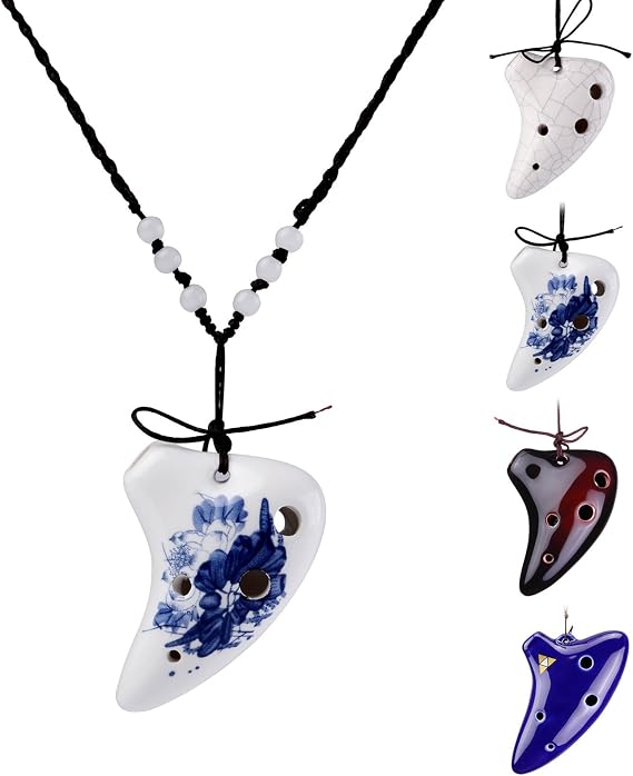 LMS 6 Hole Ceramic Mini Ocarina necklace small instrument (Blue & white)