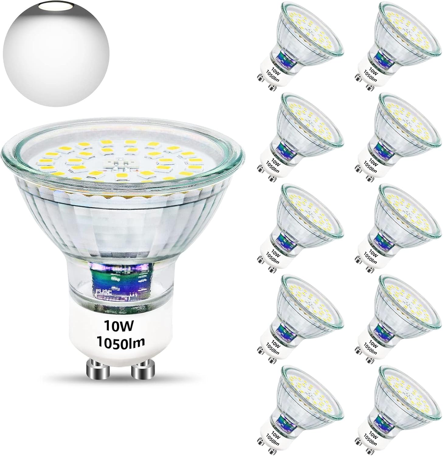 GU10 LED Light Bulbs 1050lm,Cool White 10W Spotlight Replaces 100W Halogen Bulb 6000K LED Spot Lights 220-240V, Non Dimmable, 10 Pack [Energy Class F]