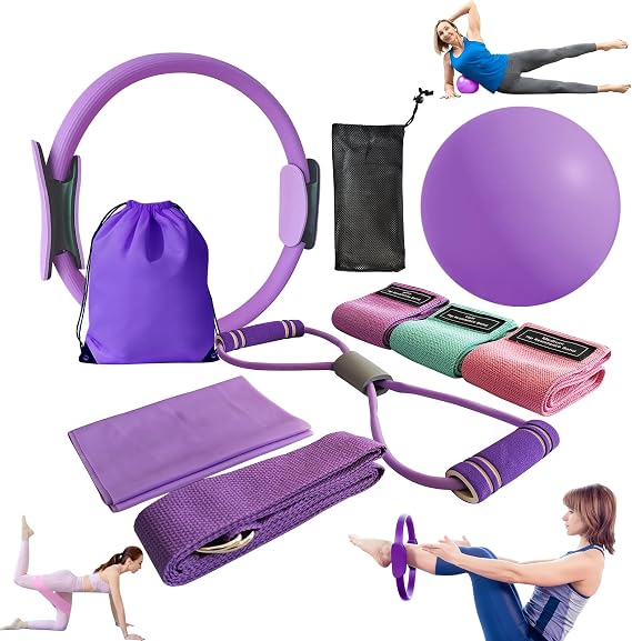 Pilates Essentials Kit for Women, Yoga Starter Set for Home Workouts with Pilates Ring and Yoga Ball Set, 3 Resistance Bands, Storage Bag, Full Pilates Set for Toning Arms, Thighs & Core