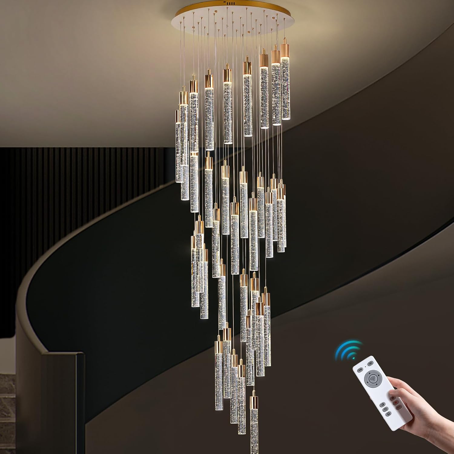 36-Light 20FT High Ceiling Chandelier, Modern K9 Crystal Chandeliers with Adjustable Warm & Cool Lighting, Long Spiral LED Chandeliers with Remote Control & APP Operation for DiningRoom Front Door