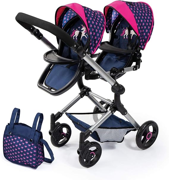 Bayer Twin Doll Pram Neo,Blue With Unicorn and Hearts,18 Inch | Double doll stroller with adjustable handle, foldable frame, integrated shopping basket, and matching diaper bag