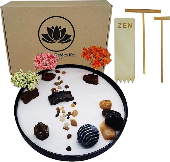 eSaturn Zen Garden Kit with 9.5in Tray, Japanese Zen Garden for Desk with 3 Essential Bamboo Tools and Accessories, Meditation Gift Set, Therapy Kit for Men Or Women Relaxation at Home and Office