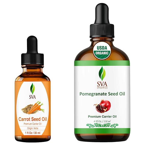 SVA Carrot Seed 1 oz and Pomegranate Oil 4 oz Bundle Super Saver Combo Value Set for Hair Oiling, Scalp Massage, Hair Care, Skin Care and Body Massage