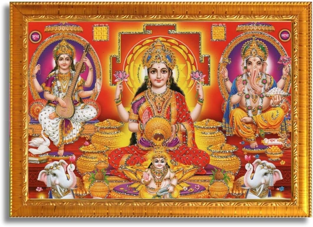 CRAFT QUEST Lakshmi Devi with Kuber Ji, Ganesh ji, Saraswati maa Wall Painting Frame Home Decor (Synthetic, Sparkle Finish, Golden, Small Size, 8 X 6 Inch)