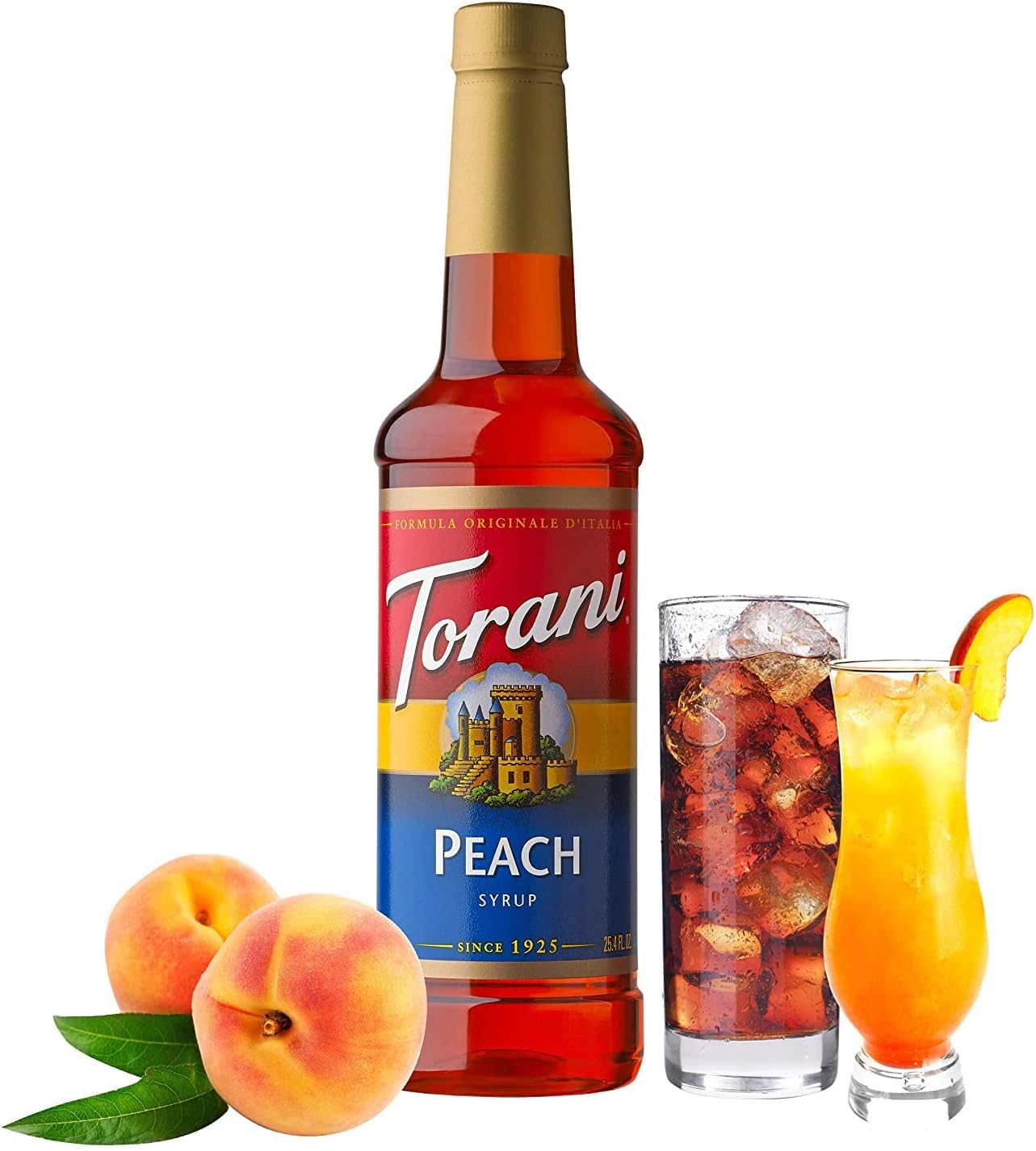 Torani Syrup, Peach Syrup for Iced Tea, Peach Syrup for Cocktails, Pure Cane Sugar Syrup, Deliciously Flavoured Peach Syrup for Peach Drinks, Iced Tea and Cocktails, 750ml
