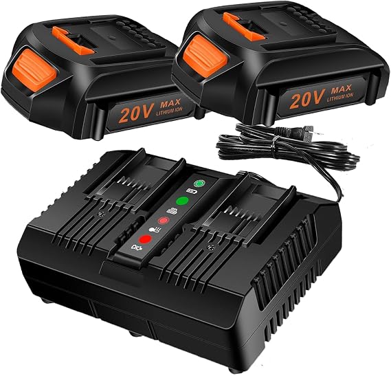 2Packs Replacement Battery 20V and Charger Starter Kit 3.0Ah Lithium Battery Compatible with Worx 20 Volt Cordless Power Tools