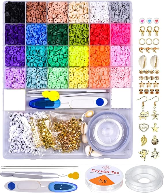 Asingeloo 6000pcs 24 Colors Clay Beads for Bracelet Making Kit, Polymer Clay Bead Jewelry Making Kit 6mm Heishi Clay with Charms and Elastic Strings