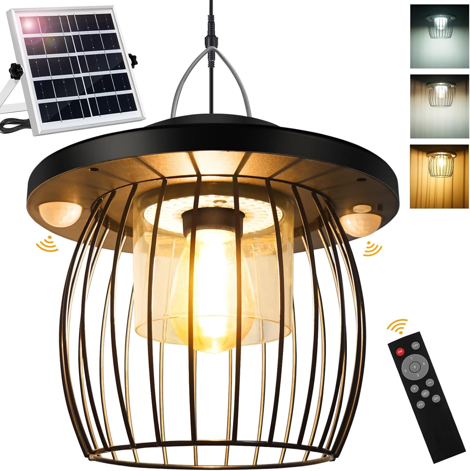 Shed Light Solar Powered Gazebo Lights Outdoor Solar Hanging Lamps Outside for Porch Barn Chicken Coop Indoor with Remote, Double Motion Sensor, 16.5ft Cord, Dimmable WarmCool White Work Day & Night