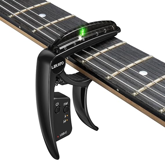 LEKATO TC50 2 In 1 Guitar Capo Tuner for Acoustic Electric Guitar, Semi-step Tuning Mode, USB Rechargeable, Precision Tuning, LED Edge Lighting Display, Electroplating Black