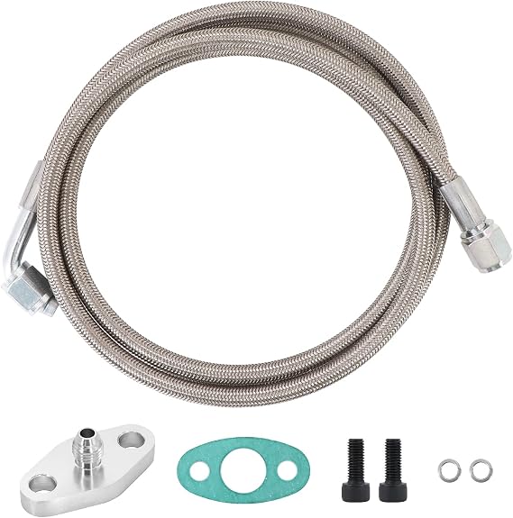 4AN Turbo Oil Feed Line 60" Turbo Feed Line Length Stainless Steel Braided 4AN Pressure Stainless Remote Turbocharger 90 Degree End Straight Hose End, 4AN Oil Feed Line Fitting Included