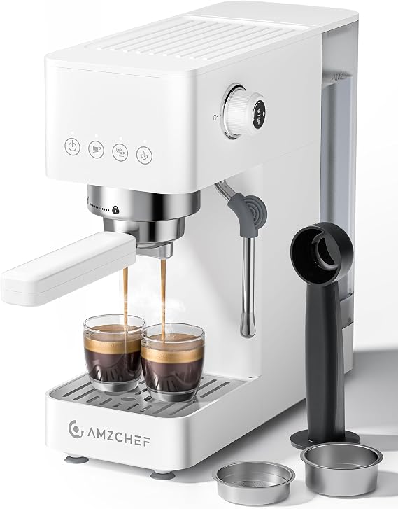AMZCHEF Compact Espresso Machine 20 Bar, Americano, Latte & Cappuccino | Easy One-Touch Brewing, 30s Heat-Up, Stable PID Control, Easy Milk Frothing, Compact Design, 50oz Tank, White