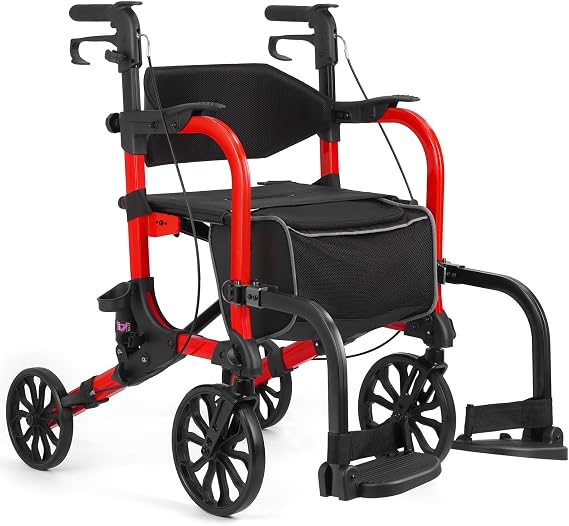 Foldable Rollator Walker with Seat for Seniors & Adults Lightweight 2-in-1 Walker and Wheelchair Combo Adjustable Handle Height Transport Chair with Brakes 300 lbs Weight Capacity