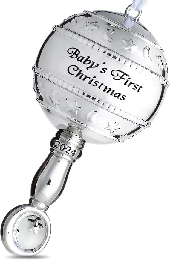 Klikel Baby's First Christmas Ornament 2024 - Silver 3D Rattle Baby First Christmas Keepsake Ornament 2024 - Boy Girl