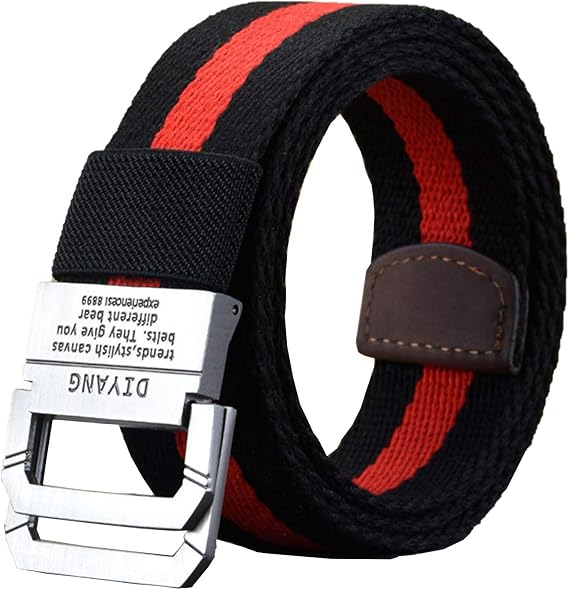 Flygo Mens Canvas Web Belt Double D-Ring Buckle 1.5" Wide Leather Tip Multi-Color Tactical Military Webbing Belts