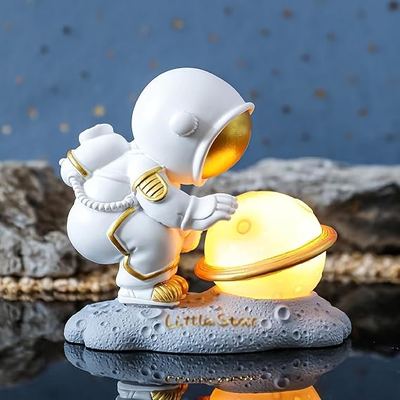 Astronaut Table Lamp Spaceman Moon Cartoon Resin Night Light Modern Model 3D Printing Glass Lampshade(Gold)