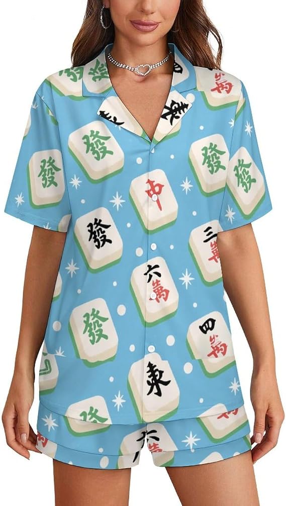 MoBlinko Mahjong Pajamas Set for Women 2 Piece Womens Pajama Sets Button Down Short Sleeve Top And Shorts Pjs Sets
